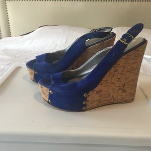 Blue suede w silver comfortable wedge, size 7.5
